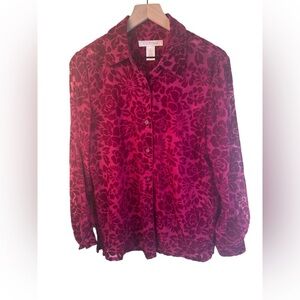 C.L.O.T.H.E.S Red Velvet Burnout Long Sleeve Button Up Blouse Size Medium